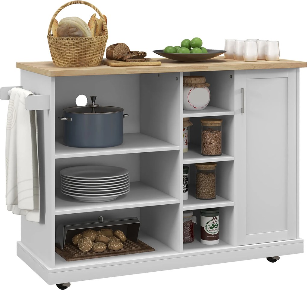 Mesa de apoio para ilha de cozinha com rodas 129 x 51 x 93 cm, 7 compartimentos, 1 armário, 1 porta, 1 porta para panos de cozinha, , em madeira e bra