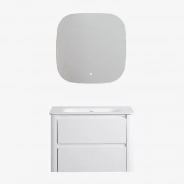 Conjunto De Móvel De Casa De Banho Suspenso Em Madeira Com Lavatório Integrado Egerton Branco & Quadrado Led E Anti-embaciamento 75x75 Cm Riben -