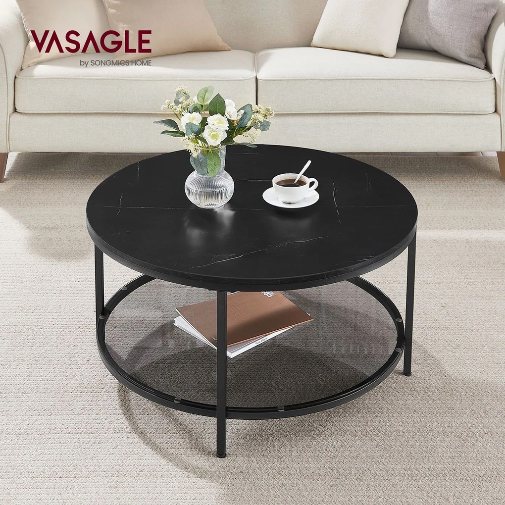 Mesa de centro com tampo de vidro moderna 80 x 46 cm (Ø x H) imitação mármore Preto + Preto