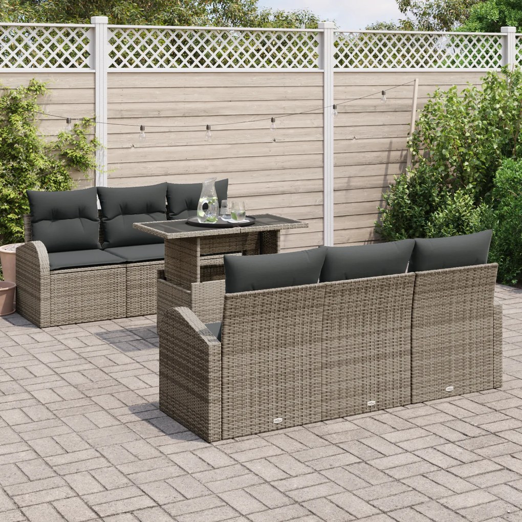Conjunto de Sofá de Jardim de 7 Peças com Almofadas Cinza Vime, Sofá d