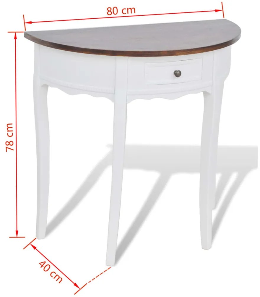 Mesa consola meia-lua com gaveta e tampo castanho