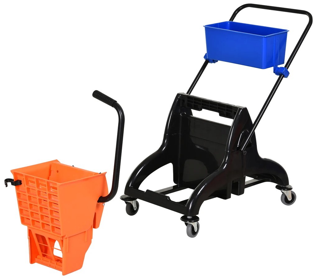 HOMCOM Balde para esfregona comercial Balde para esfregona com escorredor de baixa pressão 26L Capacidade com 4 rodas silenciosas Baldes separados duplos 78x45x95cm Laranja e azul