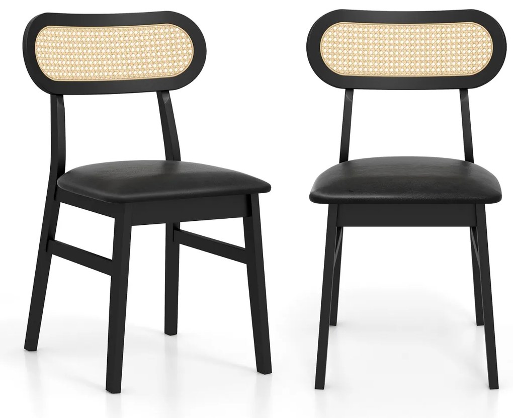 Conjunto de 2 cadeiras de jantar de madeira para interior com assento almofadado e encosto de cozinha em rattan com cobertura em pele sintética Preto
