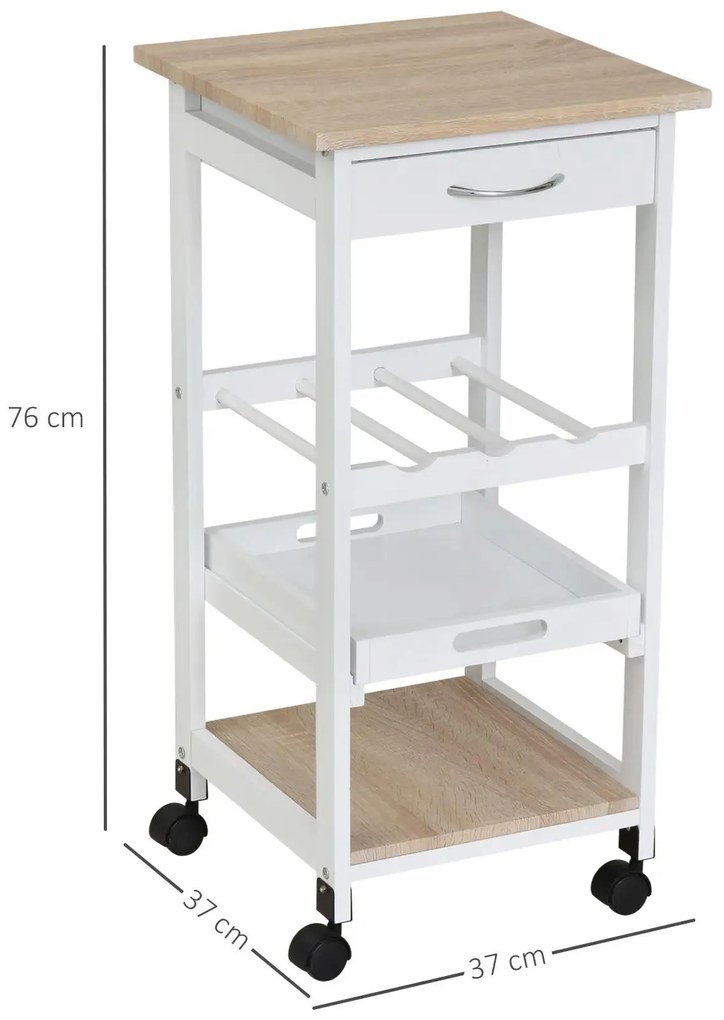 Carrinho de Cozinha com 4 Níveis com Rodas Prateleira Gaveta Bandeja 37x37x76 cm Branco