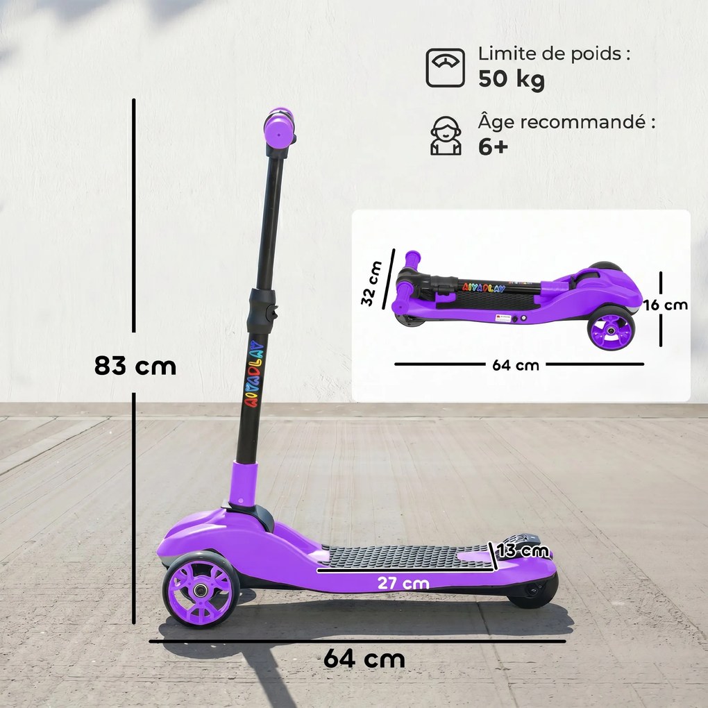 Trotinete Elétrica para Crianças de 3 Rodas, 64 x 29 x 83 cm, Dobrável, Violeta