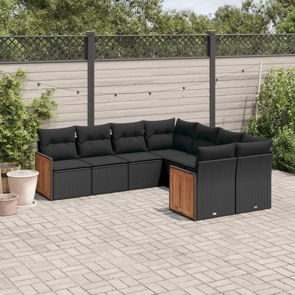 8 pcs conjunto sofás de jardim com almofadões vime PE preto