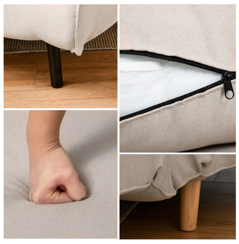 Sofá-cama estofado individual com almofada acolchoada e encosto ajustá