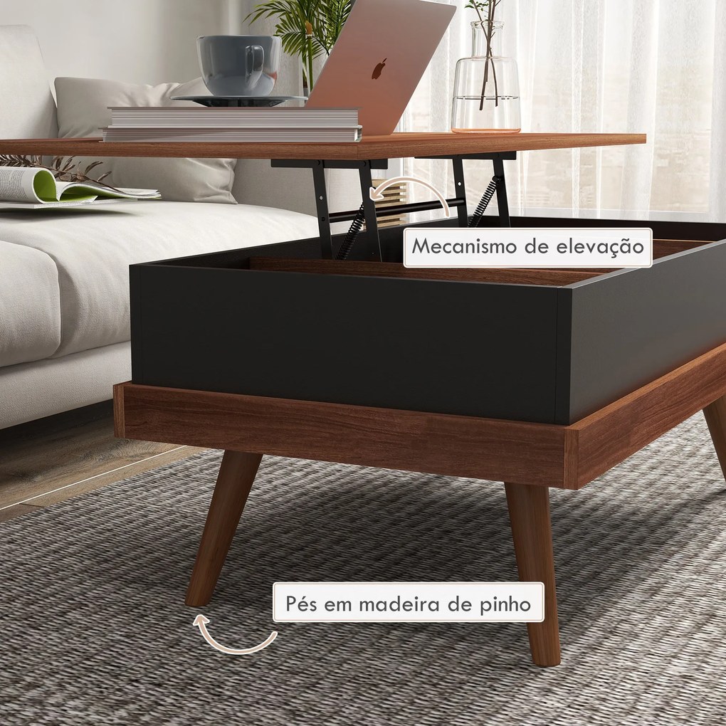 Mesa de Centro Elevatória – Table Basse Noire – 100x79x54 cm – Castanh