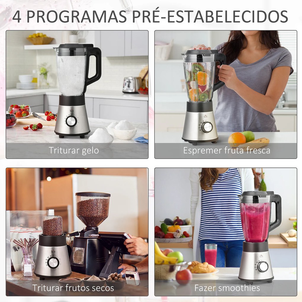HOMCOM Liquidificadora de 1000W Jarro de Cristal de 1,5L com 4 Programas 5 Velocidades Ajustáveis Lâmina de 6 Folhas Aço Inoxidável e Garrafa Portátil 22,4x19x43cm Preto