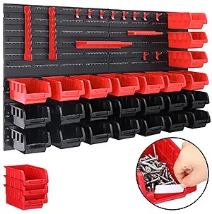 Prateleira de parede com 43 caixas empilháveis e suportes para ferramentas 54 x 95 cm Preto + Vermelho