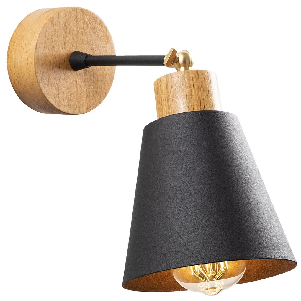 Aplique de Parede Manavgat – Preto e Carvalho – 14 cm Diâmetro, 25 cm
