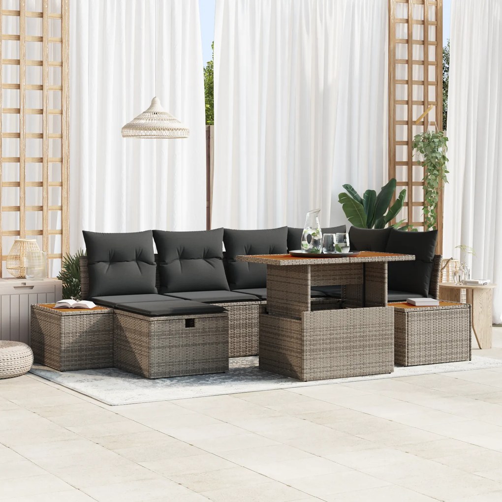 Conjunto de Sofá de Jardim 7 Peças com Almofadas Cinza Rattan Poliéste