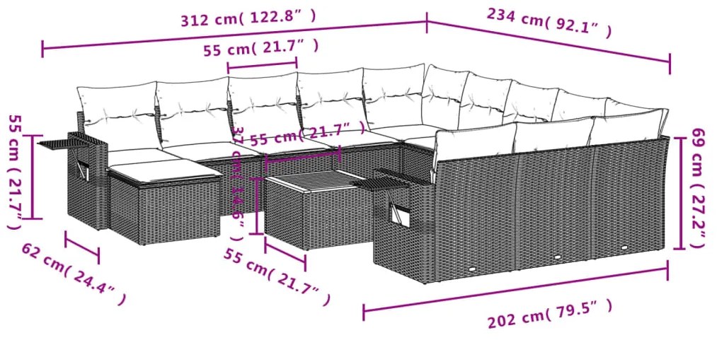 13 pcs conjunto de sofás de jardim com almofadões vime PE preto