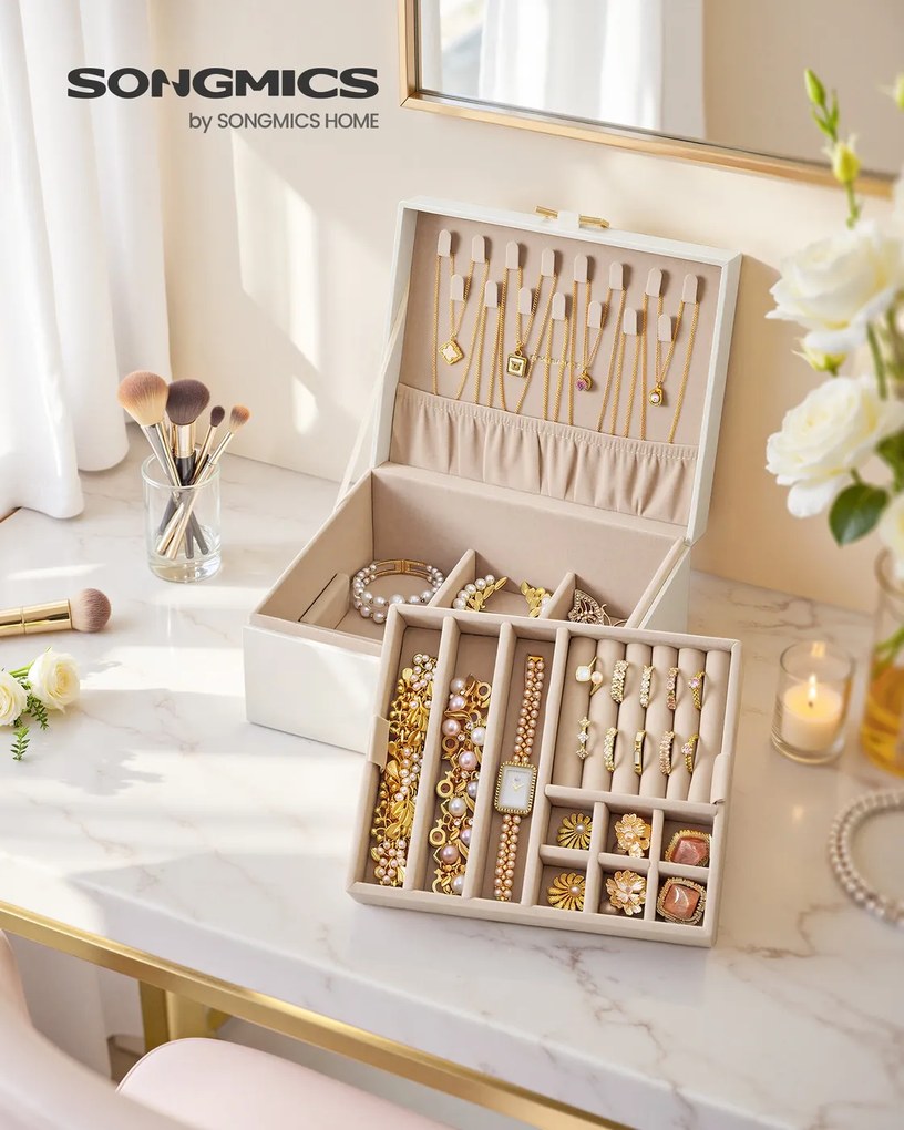 Caixa para joias com 2 níveis 17 x 20,5 x 9,5 cm Ideia para presente branco creme