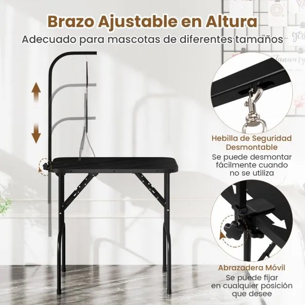 Mesa de Higiene para Animais 80,5 x 46 x 148 cm Dobrável com Braço Ajustável em Altura e Laço Superfície Antiderrapante e Impermeável Preta