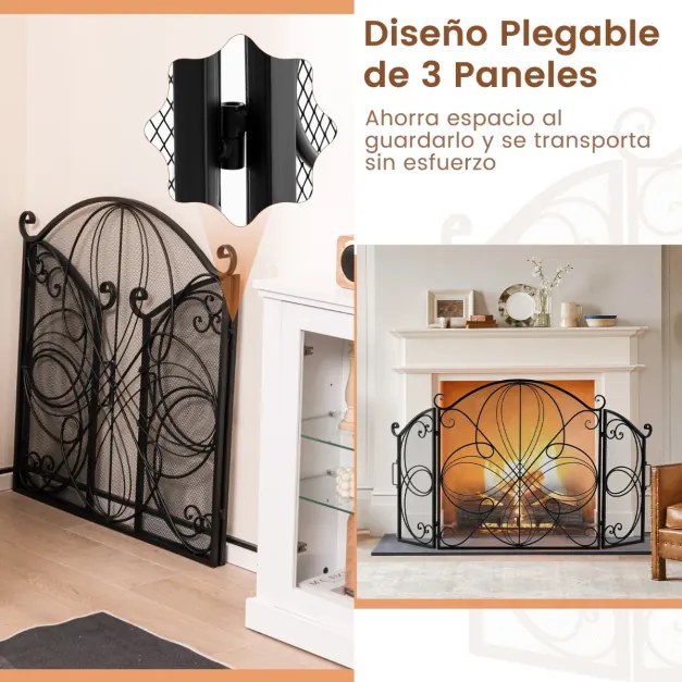 Protetor frontal para lareira de 3 painéis com padrão floral e resistente para lareira em metal para sala de estar 151 x 83 cm Preto