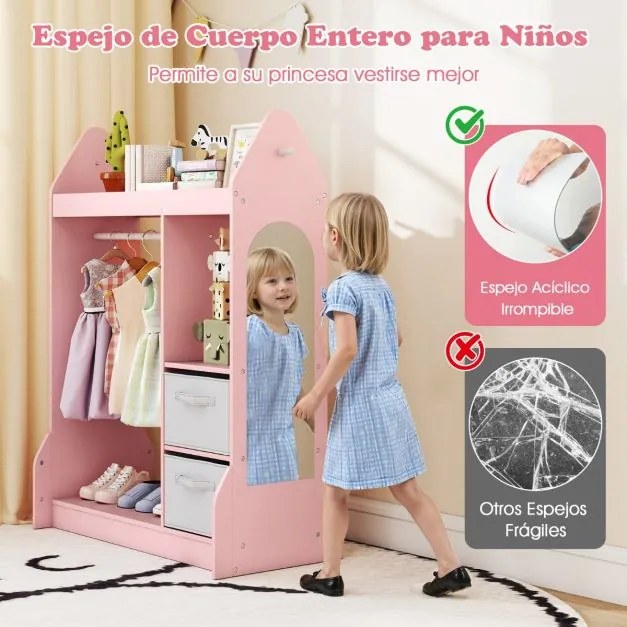 Armário para jogos faz de conta infantis para crianças 81 x 38 x 107 cm com espelho acrílico com Cabide para roupas Prateleiras abertas e Caixas dobrá