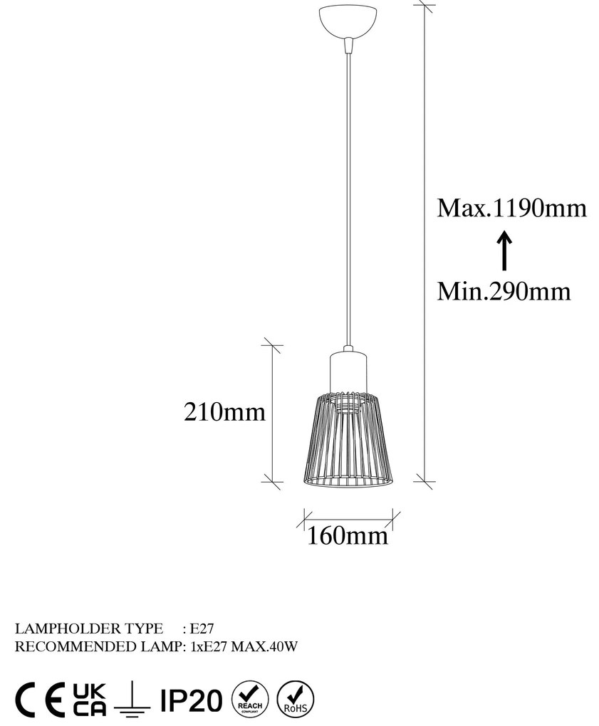 Chandelier Kemtel – Preto – 16 x 16 x 29 cm