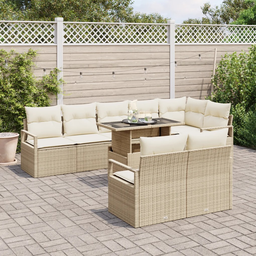 Conjunto de Sofá de Jardim vidaXL 9 Peças com Almofadas Beige Rattan P