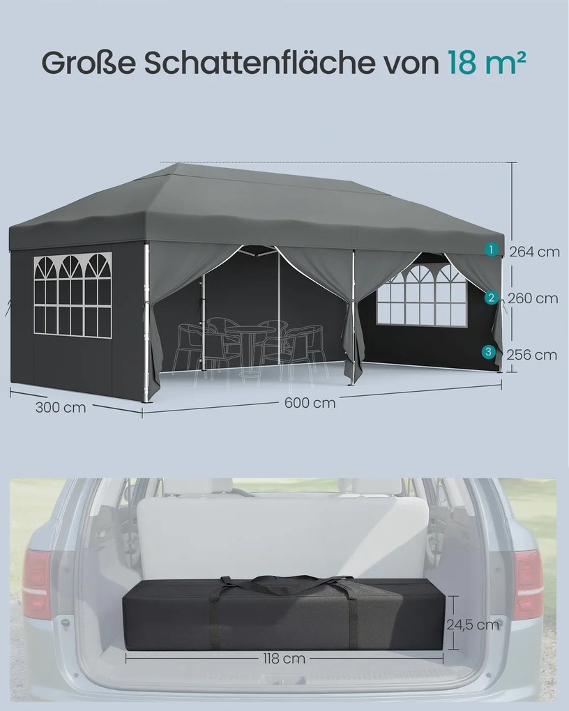 Tenda dobrável de 3 x 6 m para jardim e festas, com 6 paredes laterais, cinzento escuro