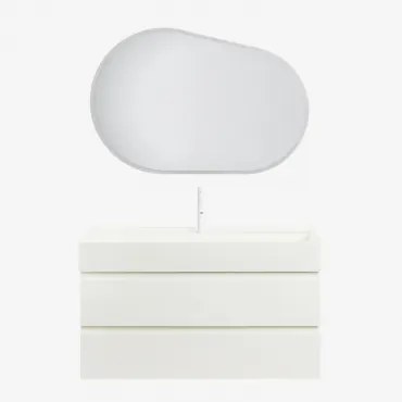 Conjunto De Móvel De Casa De Banho Suspenso Em Madeira E Folha De Freixo Com Lavatório Integrado Ona Branco & Oval Led E Anti-embaciamento 100x80 Cm R