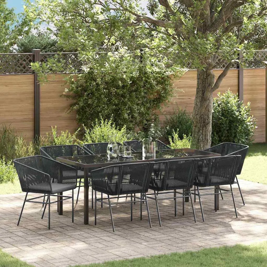vidaXL Conjunto de Jantar de Jardim 9 Peças com Almofadas Pretas de Rattan Sintético