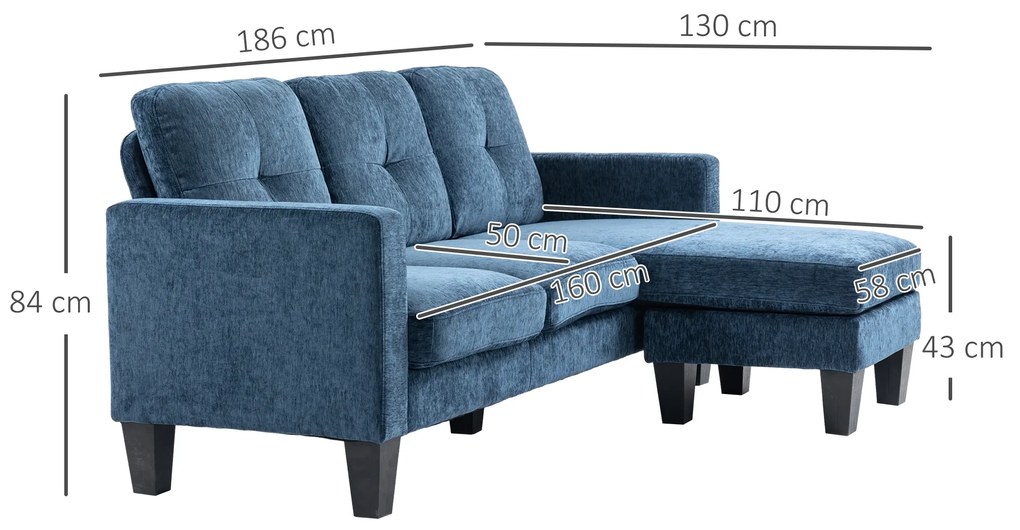 Sofá Chaise Longue Sofá em Forma de L Estofado em Poliéster Sofá de Canto Reversível 186x130x84 cm  Azul