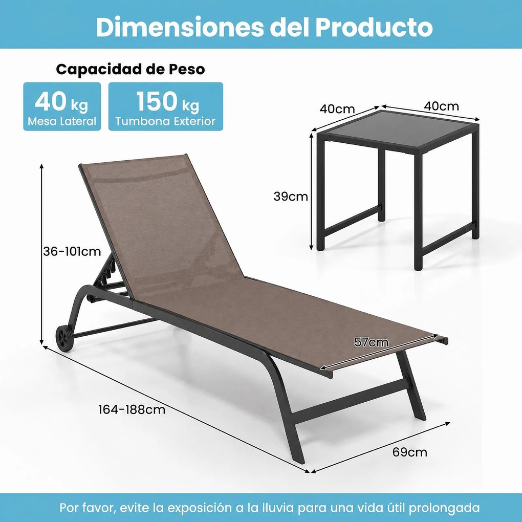 Conjunto de 2 Peças, Espreguiçadeira de Exterior e Mesa Auxiliar, 188-164 x 69 x 36-101 cm, Encosto Regulável em 5 Níveis, Castanho