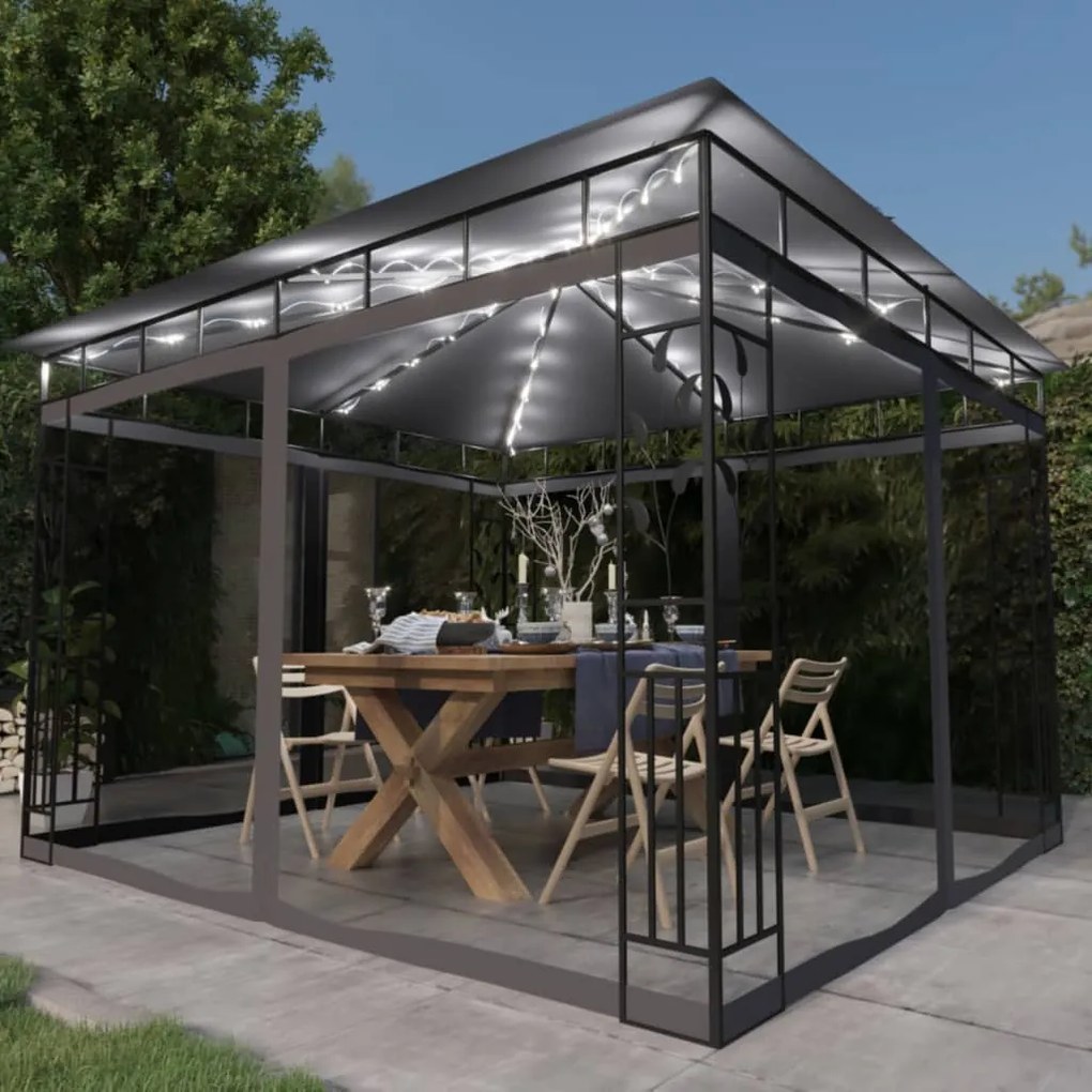 3070316 vidaXL Gazebo c/ mosquiteiro e cordões luzes LED 3x3x2,73m antracite