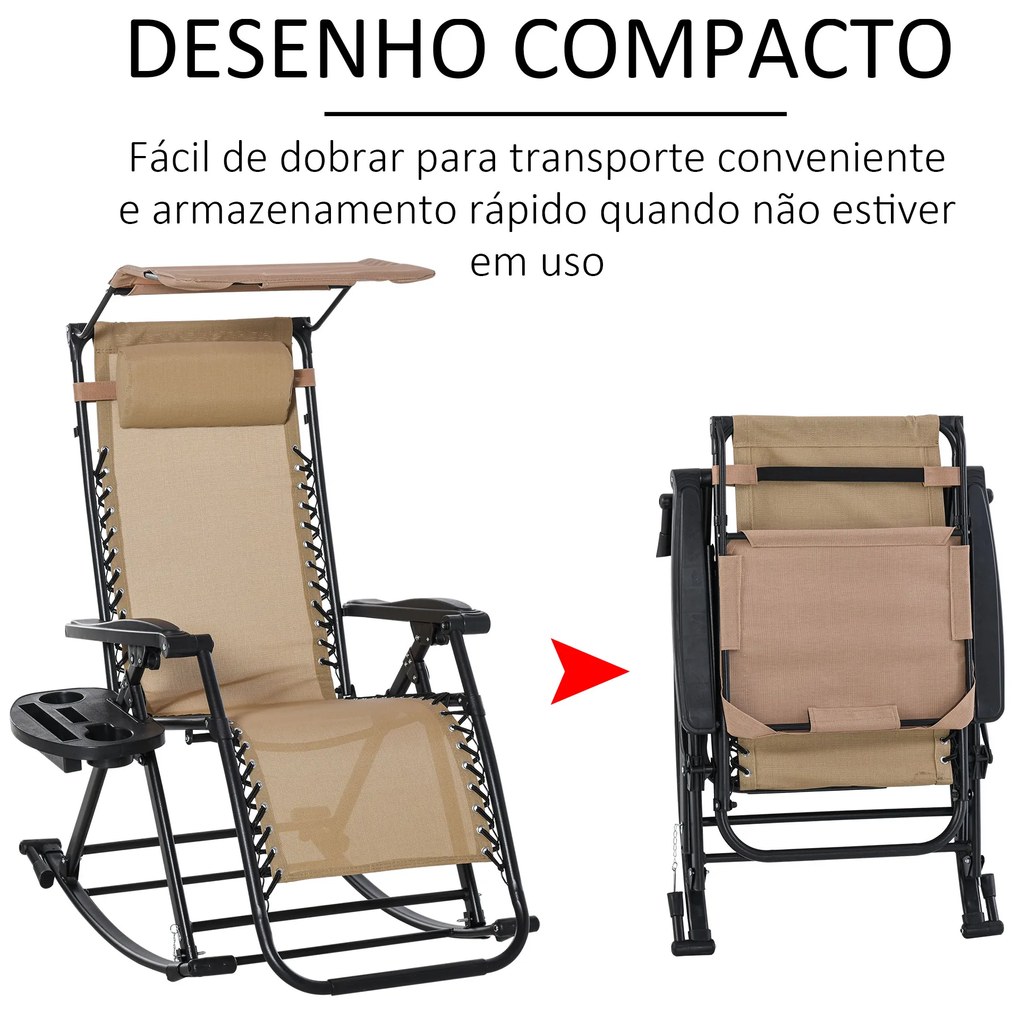 Espreguiçadeira de balanço de jardim dobrável reclinável com toldo de proteção solar Estrutura de aço 120x67x102 cm Bege escuro