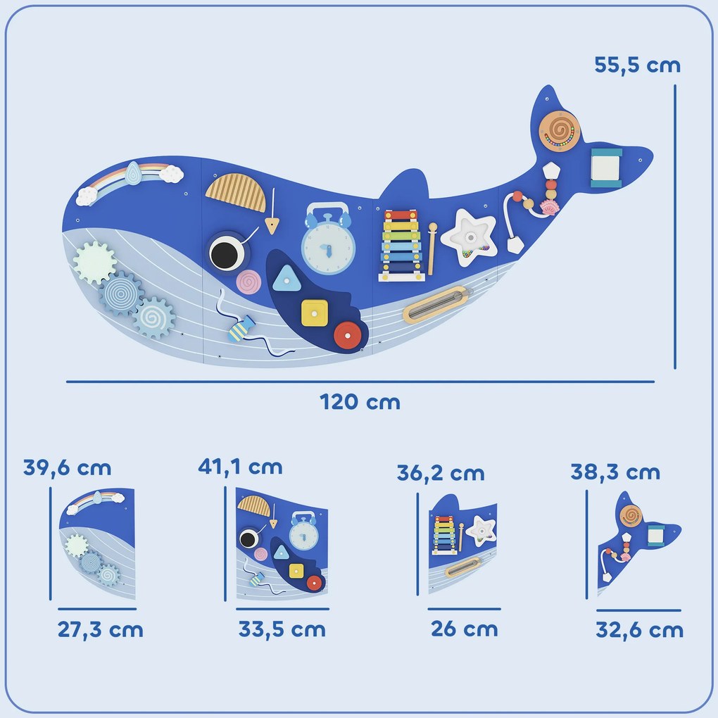 Quadro Sensorial Montessori Baleia Busy Board 13 em 1 para Crianças +2 Anos, Azul