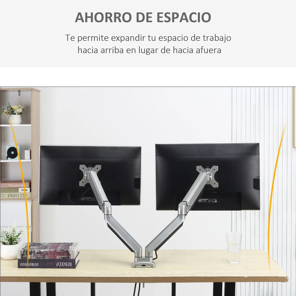 Vinsetto Suporte para Monitor Duplo para Telas LED LCD de 13"-32" Polegadas VESA 75/100mm com Braçadeira Ajustável Giratório 360° e 2 Opções de Montagem 93x11x47cm Prata