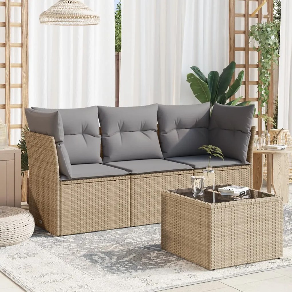 4 pcs conjunto de sofás para jardim c/ almofadões vime PE bege