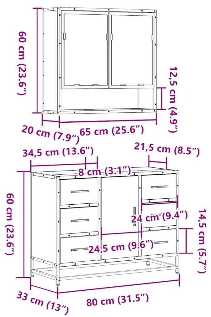 2 pcs conjunto móveis WC derivados de madeira sonoma cinza