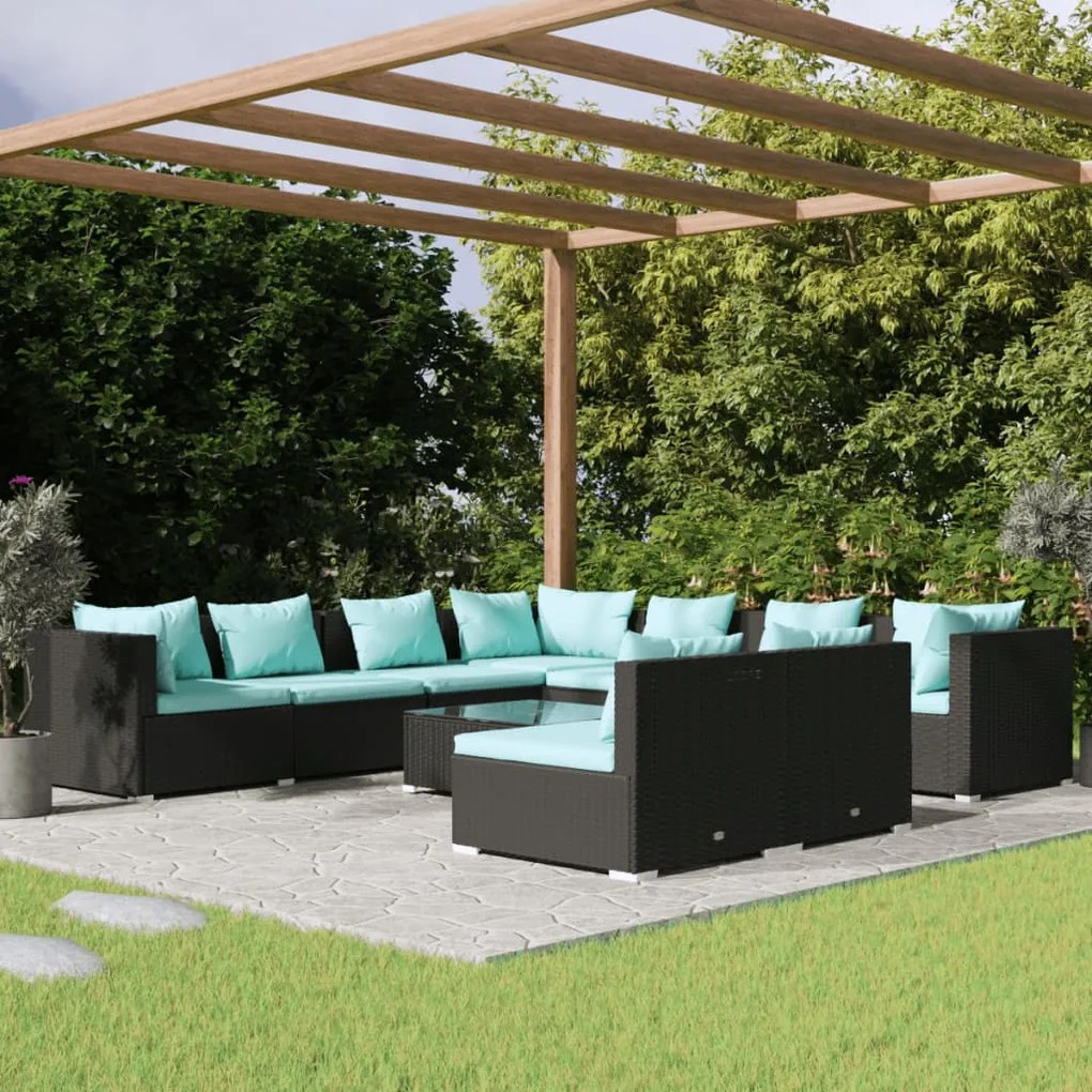 vidaXL 10 pcs conjunto lounge de jardim c/ almofadões vime PE preto