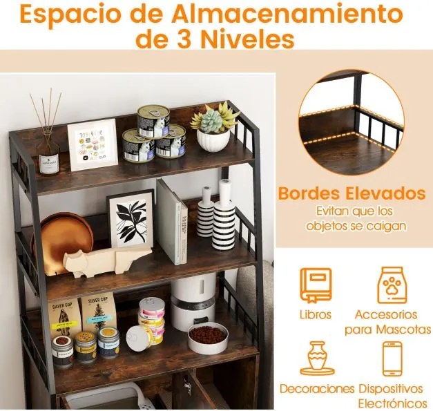 Móvel para caixa areia gatos (NÃO INCLUIDA) 80 x 40 x 132 cm com 2 prateleiras e Estação de carregamento integrada Castanho e preto