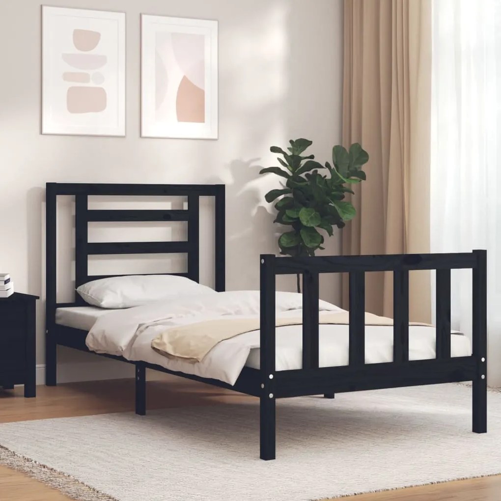 Estrutura de cama com cabeceira 90x200 cm madeira maciça preto