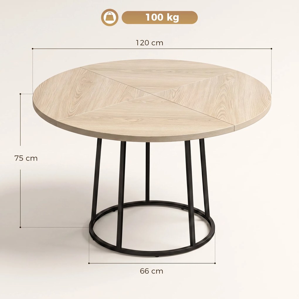 Mesa de jantar redonda para 4 a 6 pessoas, Ø 120 x 75 cm (CADEIRAS NÃO INCLUIDAS), mesa de cozinha com base cónica em metal, cor madeira natural