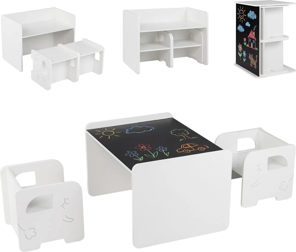 Conjunto de mesa e 2 cadeiras infantis com quadro de giz integrado e motivo de elefante em madeira, para crianças a partir dos 3 anos, sala de jogos/c