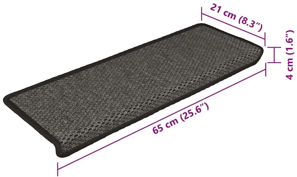 Tapetes escada adesivos aspeto sisal 15pcs 65x21x4 cm antracite