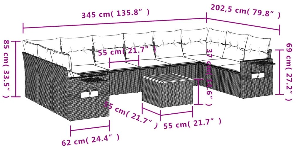 11 pcs conjunto sofás de jardim c/ almofadões vime PE cinzento