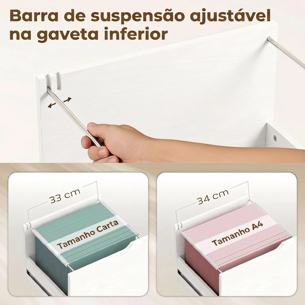 Móvel para Impressora com Rodas, 3 Gavetas, Barra Ajustável, 2 Prateleiras Abertas e Puxadores, para Documentos A4, Branco