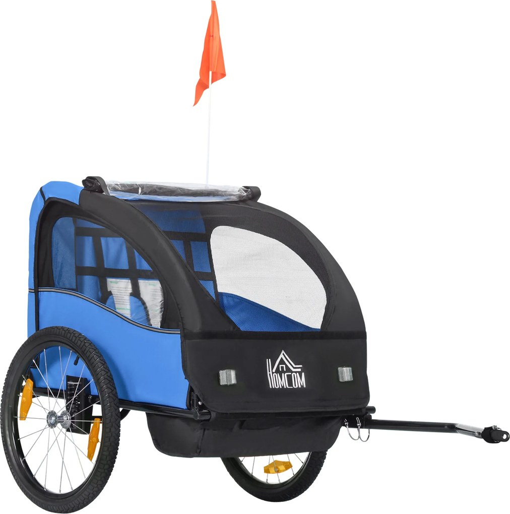 HOMCOM Reboque de Bicicleta para Crianças de 2 Lugares com Cinto de Segurança e Sistema de Amortecimento 140x88x90 cm Azul | Aosom Portugal
