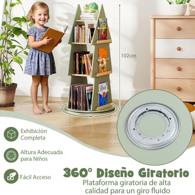 Estante para livros infantis Ø48 x 102 cm giratória 360° Carrossel de livros para crianças com 4 níveis em forma de árvore verde