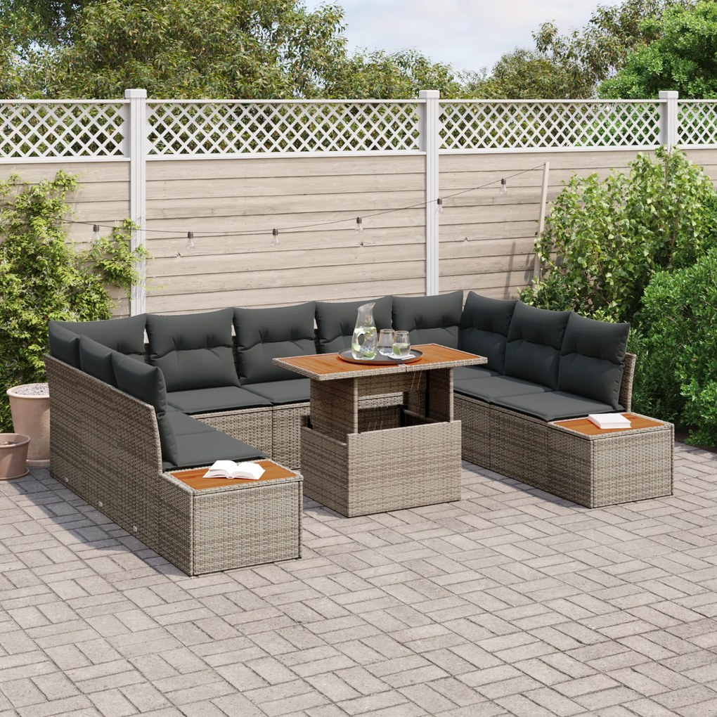 Conjunto de Jantar de Jardim com 10 Peças e Almofadas Cinza em Rattan