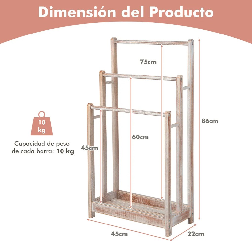 Toalheiro de madeira de 3 níveis para toalhas com prateleira inferior para casa de banho 45 x 22 x 86 cm Branco rustico
