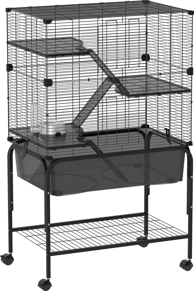 Gaiola para Pequenos Animais de 4 Níveis com Bandeja Inferior Rodas Rampas Comedouro e Bebedouro 73x47x123 cm Preto