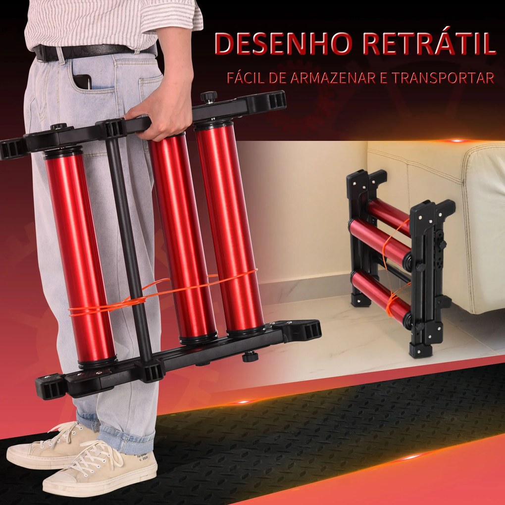 HOMCOM Rolos de bicicleta Treinamento Interno Rolo dobrável ajustável para ciclismo com pedal Esteira transportadora Suporta até 150 kg 146x55x10.5 cm Vermelho e preto