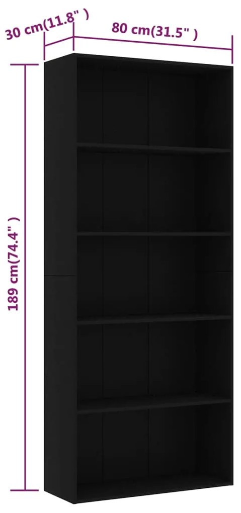 Estante com 5 prateleiras 80x30x189 cm contraplacado preto