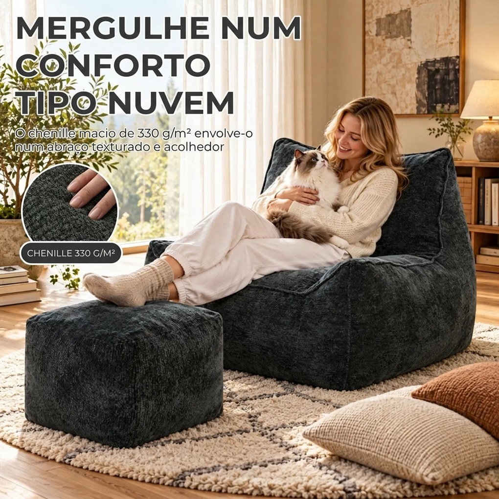 Poltrona de Chão com Apoio para os Pés em Chenille sem Estrutura com Encosto Apoios de Braços Acolchoamento Espesso sem Montagem Cinza